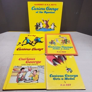 Curious George Book Lot of 5 H. A. Rey PB & HC Kids Monkey Fish Bicycle Pizza - Picture 1 of 24