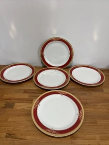 ROYAL SCOTLAND CHINA 5 DINNER PLATE RED WITH GOLD TRIM FLORAL SCROLL - Picture 1 of 10