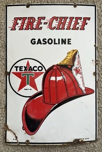 Letrero de gasolinera placa bomba de gas porcelana jefe de bomberos Texaco curvado vintage 1940 - Imagen 1 de 7