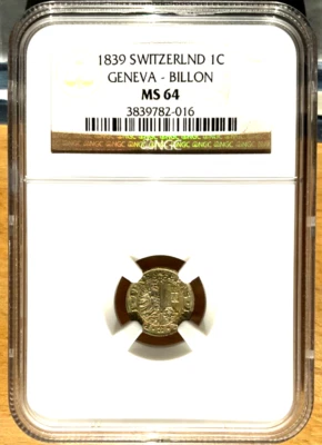 1839 Switzerland Geneva 1 Centime, NGC MS 64 - Image 1 of 2