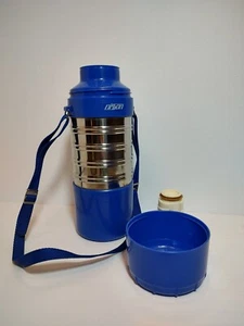 Vintage Nippon Nissan Vacuum Flask Hot/Cold Cup Blue/Chrome w/ Strap - Picture 1 of 6