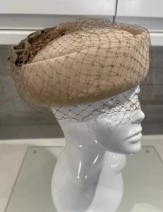 C&A Coffee Cream Brown Birdcage Netting Floral Pillbox Wedding Event Hat 1980s - Picture 1 of 11