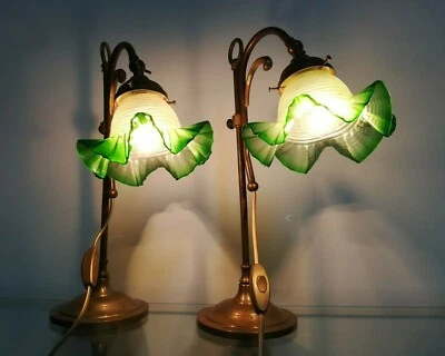 COPPIA LAMPADE VETRO E OTTONE STILE CLASSICO LUME VINTAGE ANTIQUARIATO MODERNO - Immagine 1 di 4