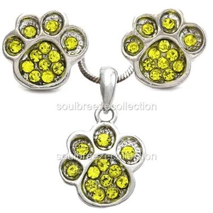 Yellow Doggy Dog Paw Pendant Necklace Stud Earring Gift Set Girl Women Mom - Picture 1 of 1