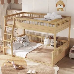 Full XL Over Queen Size Floor Bunk Bed w/Ladder & Guardrails Teens Kids,Natural - Picture 1 of 17