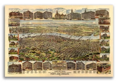 1890 Portland Oregon Vintage Old Panoramic City Map - 20x30