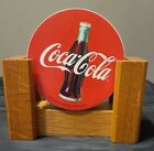 (4) Coca Cola Coke Vintage Stoneware Coasters-Natural Cork Back and Wooden Stand