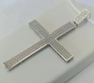 GRANDE CIONDOLO CROCE 70x42mm ARGENTO STERLING 925 PAVIMENTATO 100+ ZIRCONI PER COLLANA - Foto 1 di 10