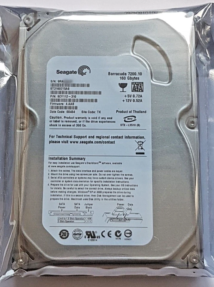 160 GB SATA Seagate Barracuda 7200.10 ST3160215AS 2MB HDD 3.5" Hard Drive New - Image 1 of 1