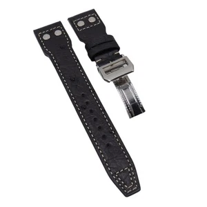 Correa de reloj de cuero de avestruz negro de 22 mm para IWC, costura crema, lengüeta de remache - Imagen 1 de 2
