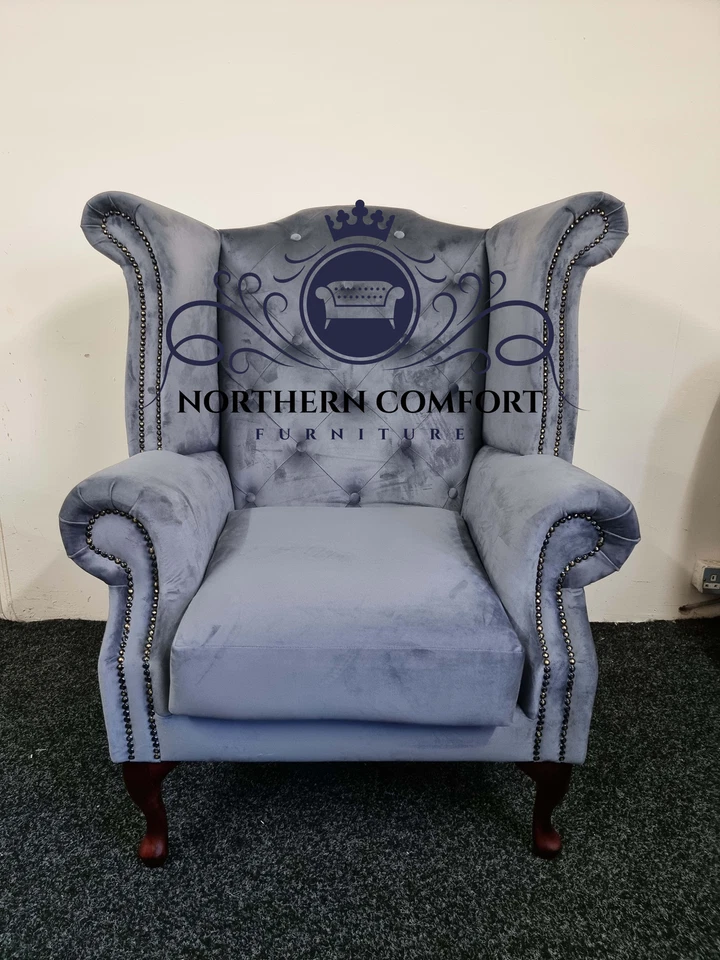 Chesterfield Queen Anne Wing Back Chair in Steel Plush Velvet - Image 1 of 1