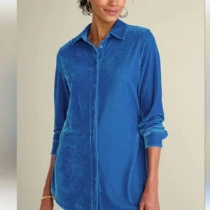 Soft Surroundings blaue Samt Tunika Button Down Gr. S/M - Bild 1 von 8