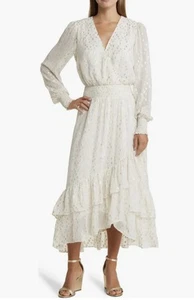 Lilly Pulitzer Cristiana Midi Dress Sz 14 Coconut Metallic Ivory Gold Tiered EUC - Picture 1 of 18