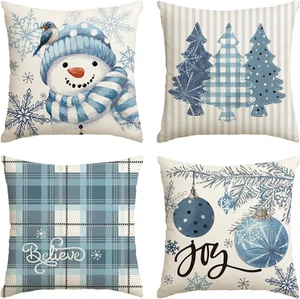 Winter Snowman Joy Snowflake Christmas Throw Pillow Covers, 18 X 18 Inch Xmas Tr - Picture 1 of 12