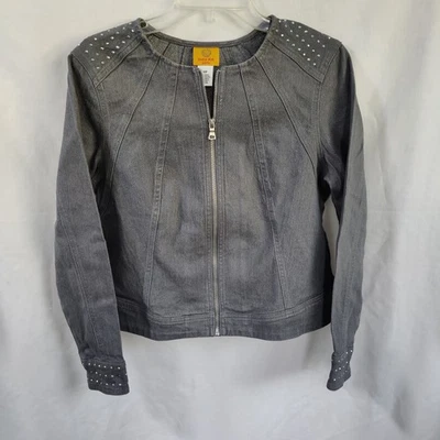 Ruby Rd Womens 12P Denim Jacket Gray Shimmer Silver Studs - Image 1 of 4