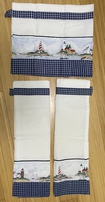 Vintage LIGHTHOUSES Tier Curtain Set 60"x14" Valance 2 60"x24" Panels USA made - Image 1 of 4