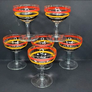 Lot of 6 Retro Banded Coupe Glass Barware Vtg MCM 4.75" Dinnerware Stripes - Picture 1 of 8