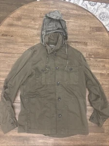 Guess Men’s Olive Green Metal Button Army Jacket Medium Detachable Hood Packable - Picture 1 of 7