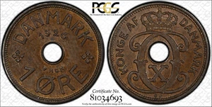 DÄNEMARK 1926 HCN 1 ERZ PCGS MS63 BRAUN SCHLÜSSELDATUM SELTENE MÜNZE NUR 1 HÖHER - Bild 1 von 5