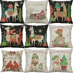 Christmas Dog Print Sofa Home Decor 18" Pillow case Cotton Linen Cushion Cover - Picture 1 of 21