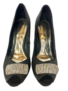 AUDREY BROOKE crystal Black Satin peep toe pumps, heels w/ leather soles 8.5 - Picture 1 of 6