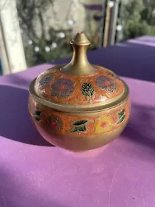 Indian Etched Coloured Brass Jar with Lid approx 8.5 cm Dia, 9 cm High - Picture 1 of 5