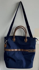Samsonite Luggage Fold Over Tote Travel Navy Blue Brown Leather Trim Vintage - Picture 1 of 18