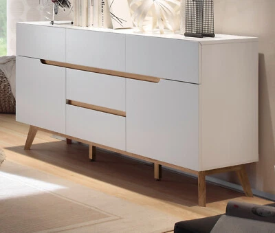 Sideboard Anrichte weiß matt Lack Ast Eiche Massiv Wohn- Esszimmer Möbel Cervo - Bild 1 von 4