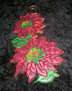Poinsettia Flowers ~ Glitter Christmas Wood Ornament *Vtg Img* - Picture 1 of 6