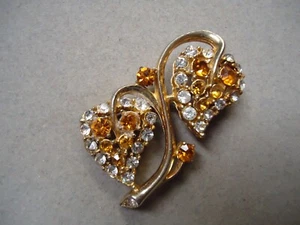 Vintage Vibrant Orange Yellow Clear Rhinestone Elegant Double Leaf Brooch Pin - Bild 1 von 4