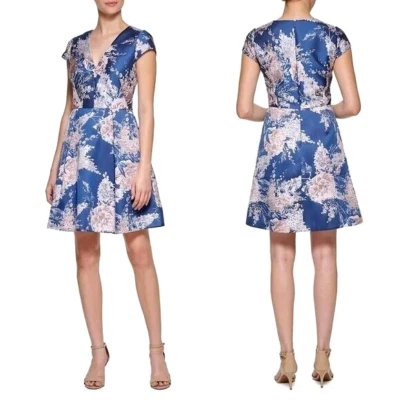 VINCE CAMUTO Blue Jacquard Floral Metallic Dress Size 6 P NWT - Image 1 of 4