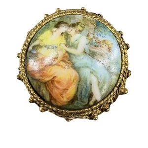 Vintage handbemalte Porzellanbrosche im viktorianischen Stil mit vergoldetem filigranem Rahmen - Bild 1 von 18