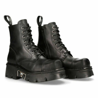  NEW ROCK M-NEWMILI083-S19 COMBAT BOOTS Black Leather Military Biker Shoes - Image 1 of 4