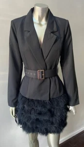 Couture Feather Blazer Wrap Belted Black Party Cocktail Jacket Coat S - Picture 1 of 8