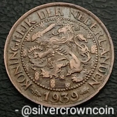 Uvas Países Bajos 1 centavo 1939. KM#152. Moneda de un centavo. Guillermina I. León. Segunda Guerra Mundial Foto 1 de 4