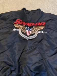 Snap On Tool Mens L Full Zip Black Satin Bomber Jacket USA Wings Sheild Pockets - Picture 1 of 13