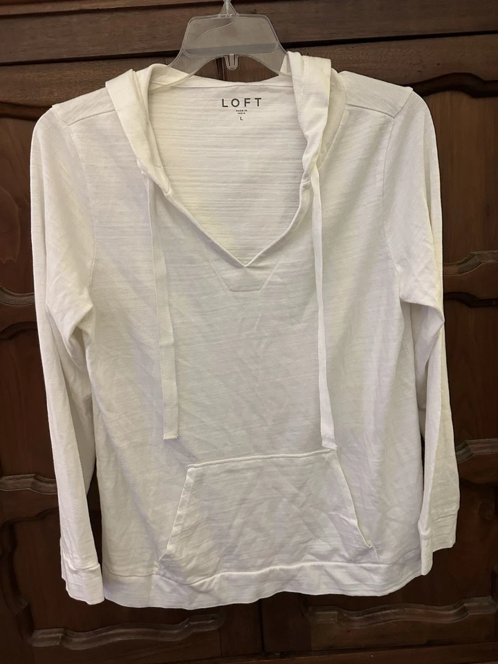 Ann Taylor-LOFT-Talla L-Sudadera con Capucha Blanca Sólida-con Bolsillos Frontales-Mangas Largas/Algodón- Foto 1 de 4