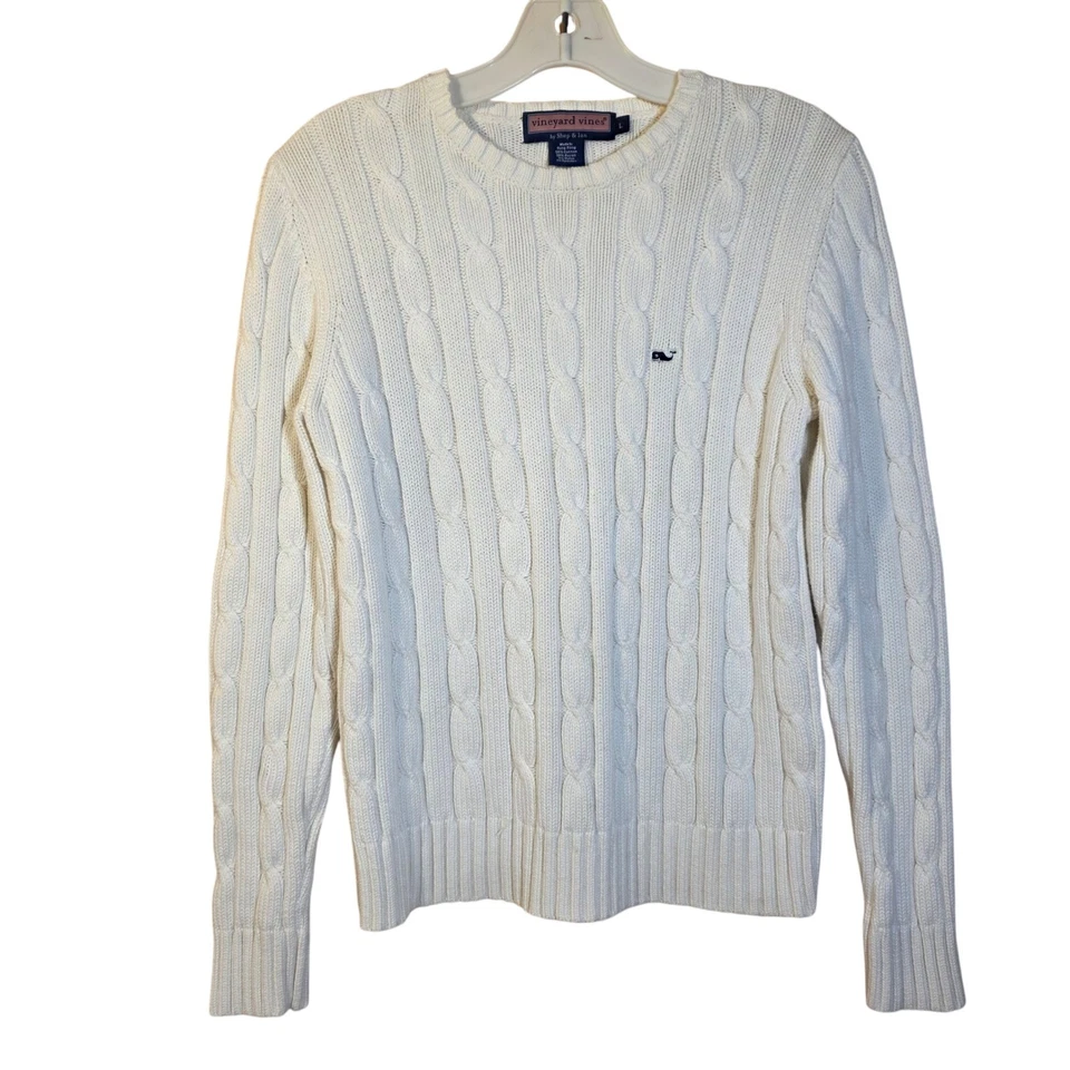 Suéter Vineyard Vines tejido con cable logotipo de ballena para mujer grande mezcla de algodón crema Foto 1 de 4