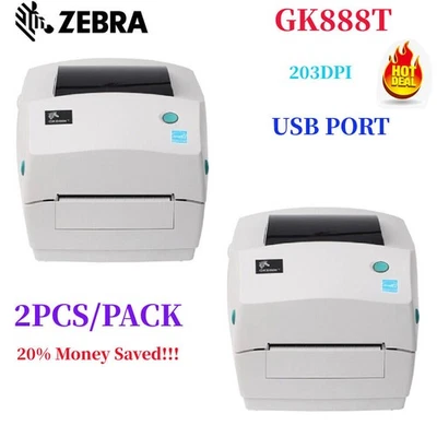 2PACK Zebra GK888T 203DPI USB Label Thermal Printer 4"/s Print Speed Hot - Image 1 of 4