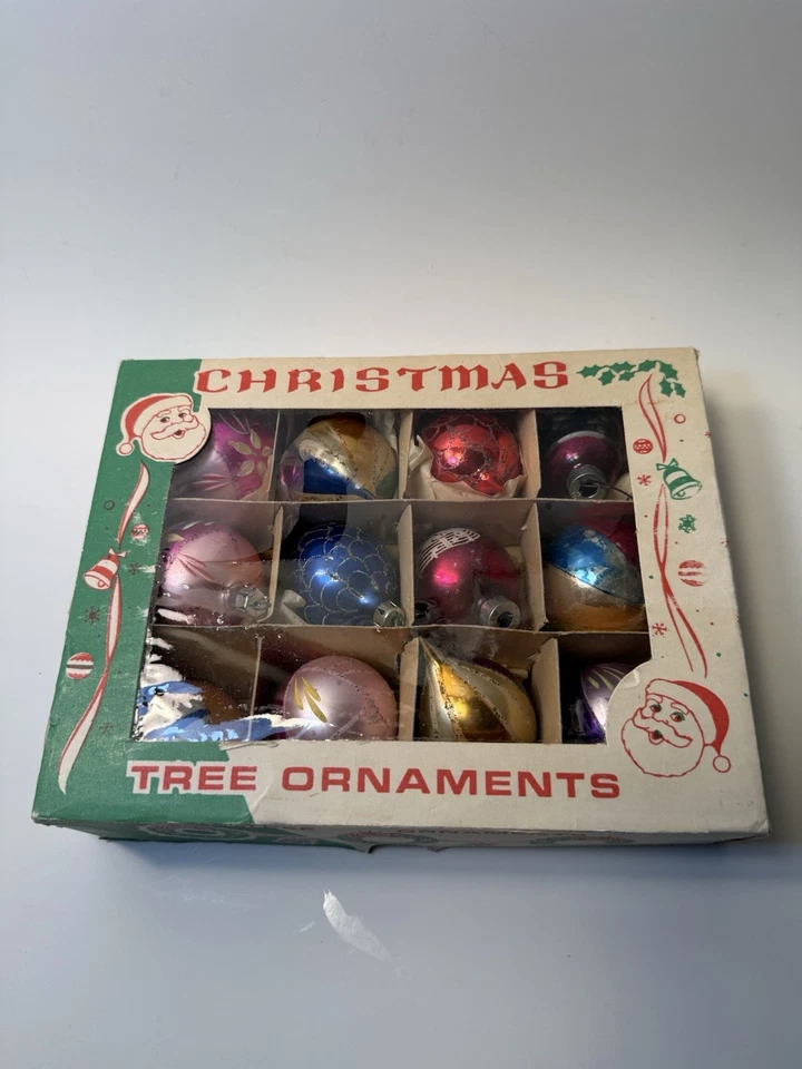 Caja De Colección De 12 VIDRIO DE MERCURIO Polaco Adornos Navideños Nieve Mica Pintado A Mano Foto 1 de 4