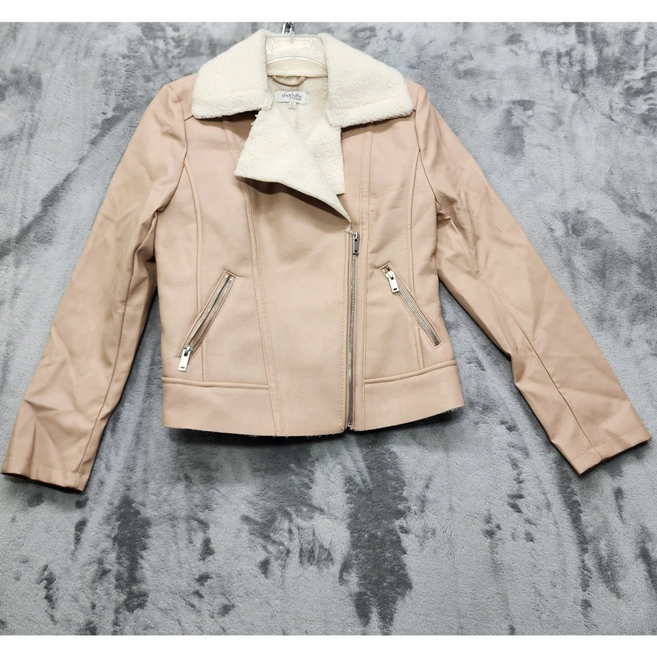 Charlotte Russe Jacket Women XS Pink Faux Leather Deep Pile Fleece Lined Moto — 第 1/4 张图片