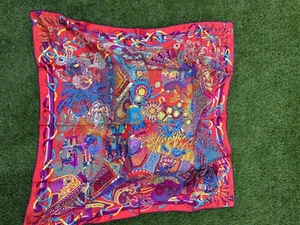 Hermès “Au Fil du Carré” Silk Scarf 90 Red / Multicolor 100% Silk Made in France - Picture 1 of 8