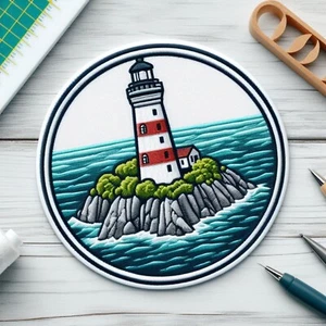 Lighthouse Patch Iron-on Applique Nautical Badge Ocean Wave Travel Souvenir - Picture 1 of 12