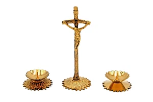 5 1/2" Brass Standing Blessing Altar Liturgical Cross with 2 Candle Holders 14cm - Picture 1 of 1