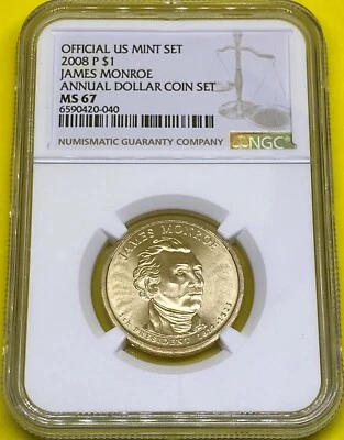 Dólar presidencial P James Monroe 2008 graduación profesional MS67 Foto 1 de 4