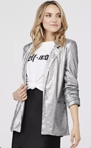 David Lerner Hailey Oversized Blazer Jacket Ruched Sleeves Silver Sequin Size S - Picture 1 of 10
