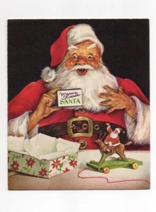 Early 1950s Gibson Christmas Card Santa Claus Opening Present Reindeer Pull Toy - Picture 1 of 2
