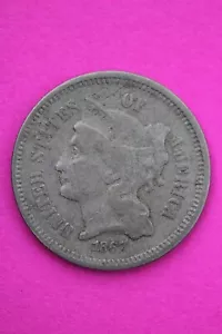 1867 Three 3 Cent Nickel Scarce Semi Key Date Type Coin Philadelphia Mint 177 - Picture 1 of 4