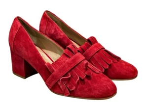 Steve Madden Red Suede Kate Pumps Size 8 Block Heels 2.5 Inch Kiltie Fringed - Picture 1 of 9