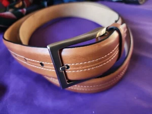 Tasso Elba Belt Mens 42/103 Camel Brown Gen Italian Leather Silver Sq Buckle  - Picture 1 of 4